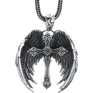 S925 Sterling Silver Cross Pendant, Men's Angel Wings Cross Sterling Silver Pendant Necklace,Punk Style Guardian Cross Necklace