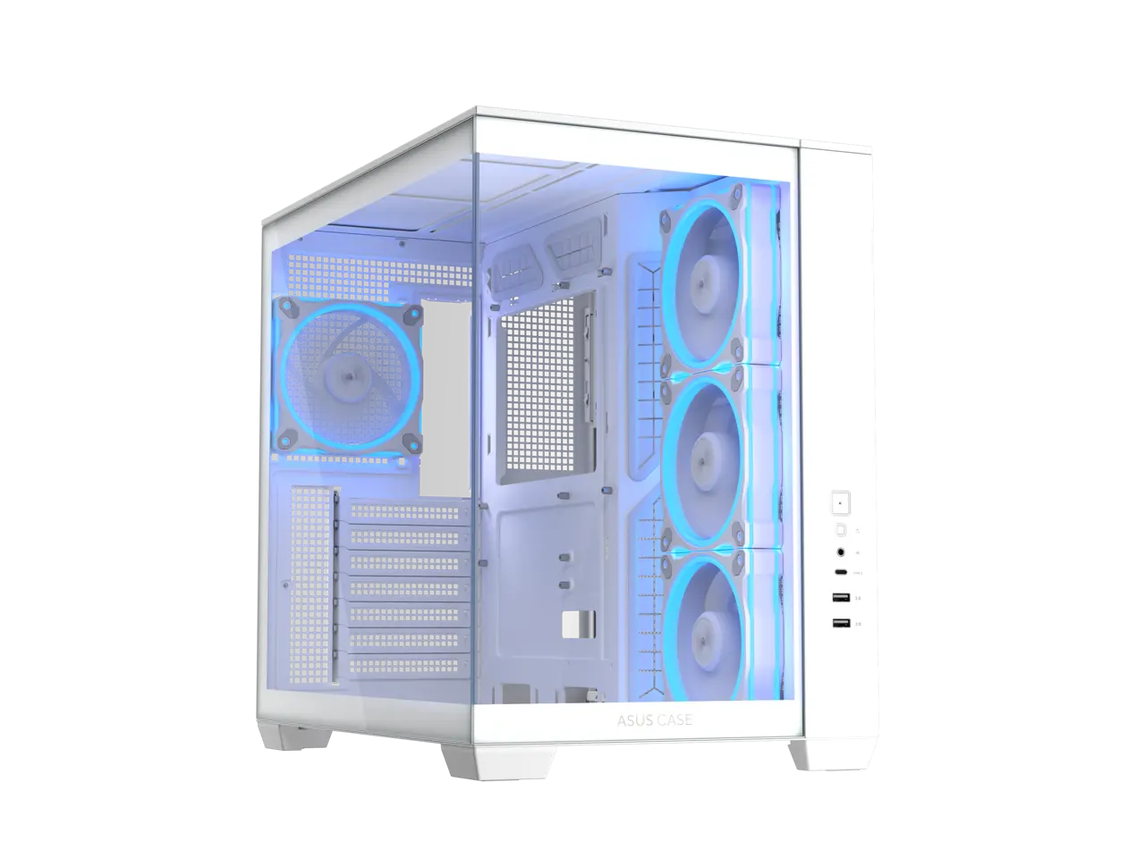 ASUS A32 PLUS White ATX gaming PC case, support 360mm radiators and 420mm graphics cards, dual-chamber chassis for independent cooling zones, four pre-installed ARGB fans and clean cable management