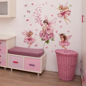 A set of 3 pieces (30*90cm*3pcs) pink butterfly fairy flower wall stickers for living room, bedroom, home background decoration, self-adhesive MS3301-YL Decorative wall sticker Wall Decal