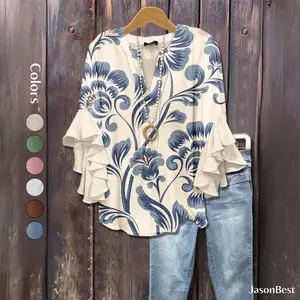 JasonBest Retro Floral Ruffle Sleeve Top Women's Vintage 90s Inspired Blouse with Layered Sleeves Elegant & Cute Summer Going-Out Outfit for Casual Chic Looks