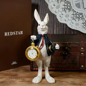 1 PC Vintage White Rabbit Clock Statue | Wonderland Inspired Home Decor | Resin Animal Figurine with Pocket Watch Detail Cute Desktop Decoration