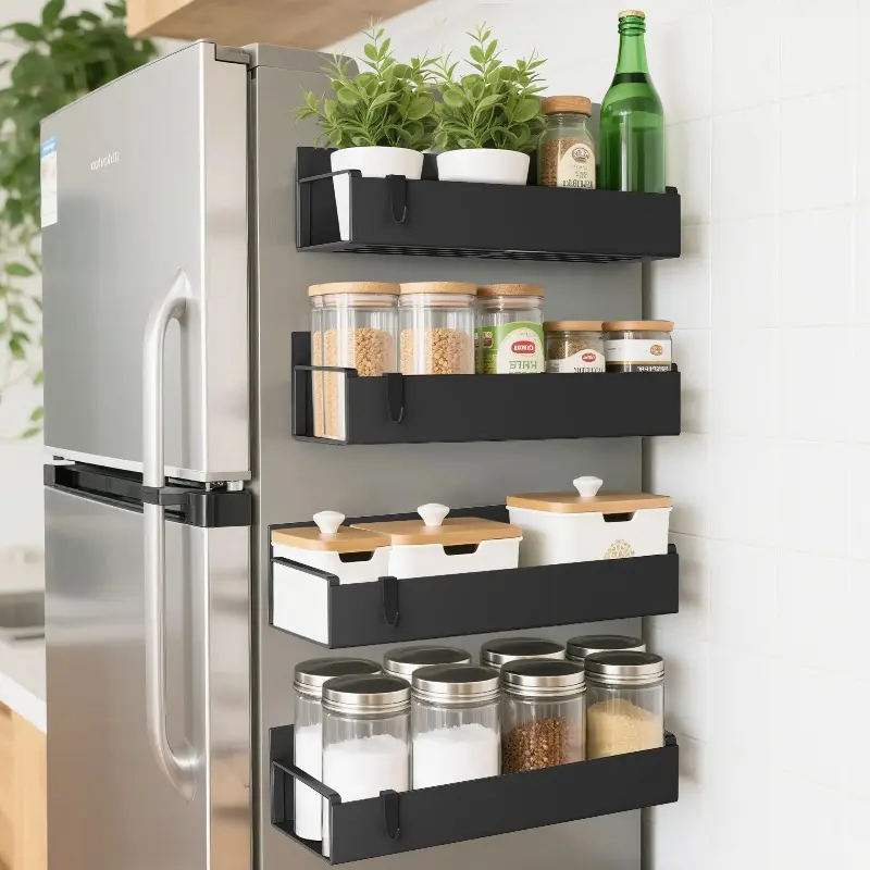 4 Pack Magnetic Spice Rack Shelf Organizer with Hooks for Refrigerator and Oven, Black Fridge Organizers and Storage for Kitchen Organizing, Home Organizer Hook, Space Saving Design