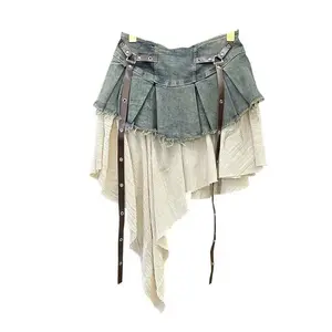 Retro patchwork denim pleated skirt for women's summer new style with a spicy and fashionable high waisted slim fit A-line short skirtRAIMENTRY