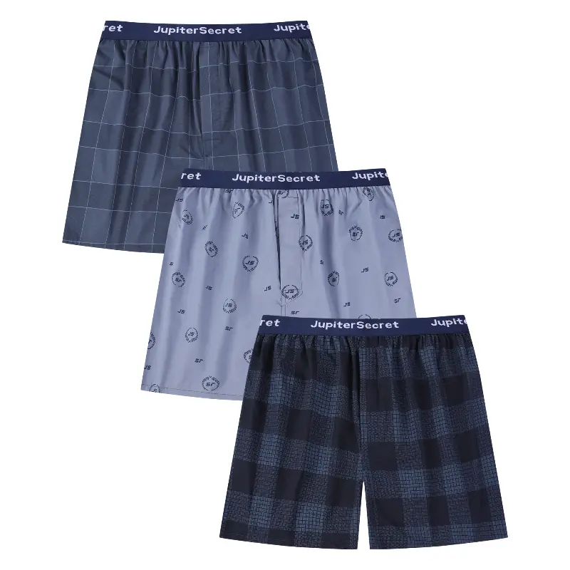 JupiterSecret 3-Pack Men's Cotton Woven Boxer Shorts Underwear, Assorted Prints, Branded Elastic Waistband, Button Fly, Soft Breathable Fabric, Relaxed Fit