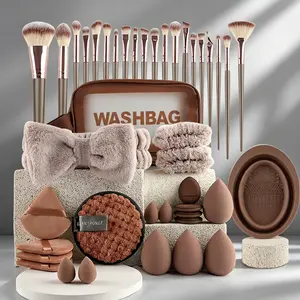 Makeup Brush & Beauty Tool Set, Coffee Style, Includes Sponges, Puffs, Headband, Wash Bag, Ideal for Beginners & Professionals