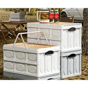 Collapsible Storage Bin with Handles and Wooden Lid, Large Capacity Stackable Utility Crates Holds 33lbs for Outdoor Home Storage Organizing Moving