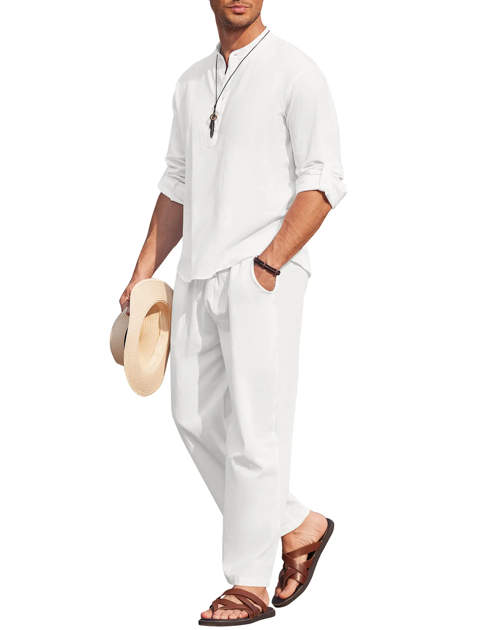 COOFANDY Men's 2 Pieces Cotton Linen Set Long Sleeve Henley Shirts Casual Beach Pants With Pockets Summer Yoga Outfits Classic Menswear Simple