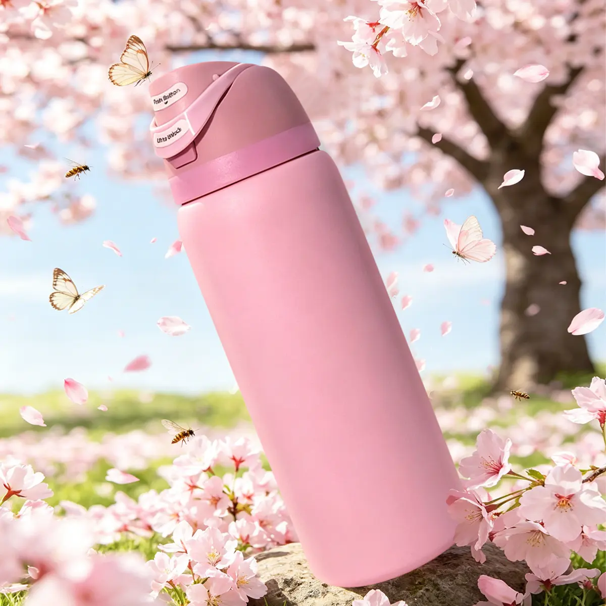 Cherry Blossom Pink Crystal 32-oz/945ml Vacuum Insulated Steel Flask Tumbler, Double-Layer Outdoor Sports Water Bottle, Portable with Carrying Rope, 8-12H Ice Retention, Camping Gear, Birthday Gift