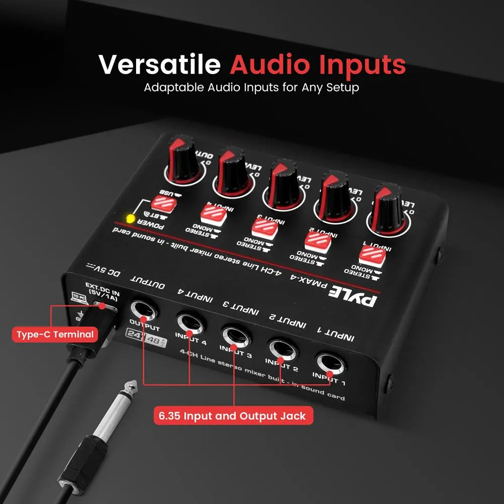 4-Channel Bluetooth Mixer - Wireless Streaming - USB-C Sound Card - Compact