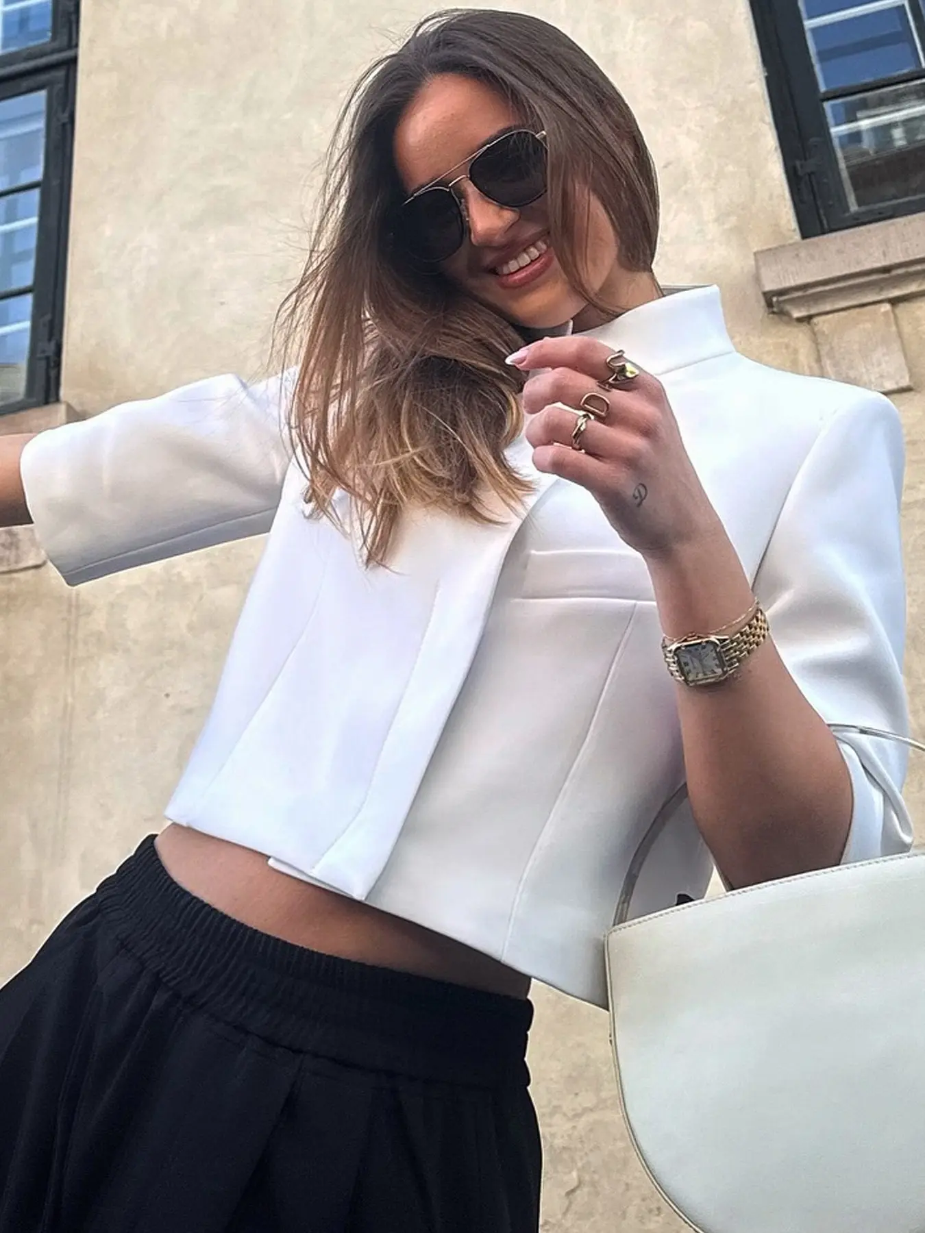 Women's Asymmetric White Crop Notch Lapel Blazer Summer 2026 Chic Elegant Button Short Sleeve Blazers For Woman All-Much o-Neck Suit Jacket Office Wear Woman Outerwears