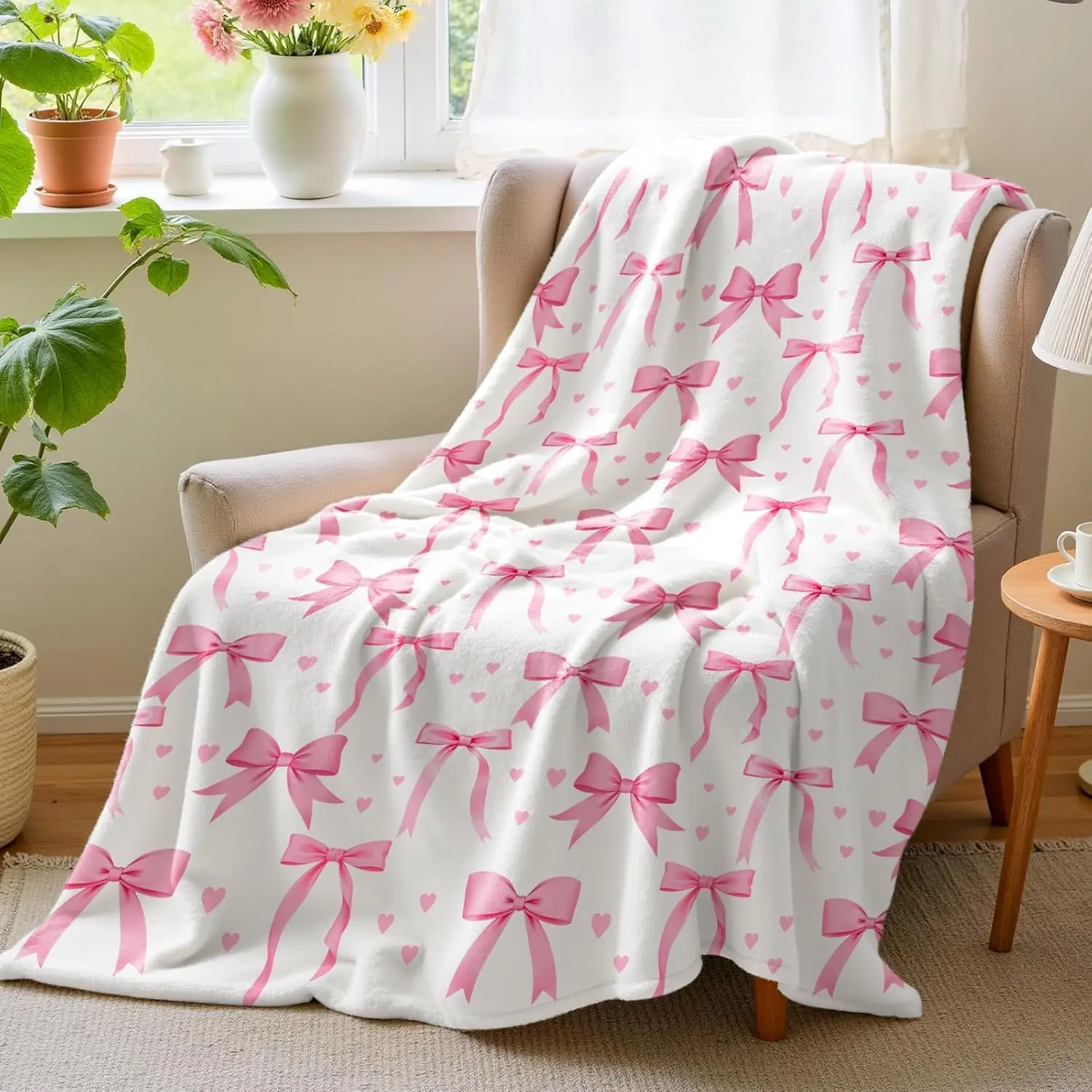 Pink Bow Throw Blanket  Modern Girl Room Decor, All Seasons, Good Warmth Retention, Machine Washable Birthday Gift for Women Teens