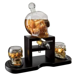 Skull Skeleton Wine & Whiskey Decanter Set 750mL with 2 Skull Shot Glasses 3oz | Gothic Skeleton Barware on Mahogany Wooden Base with Spigot | Spooky Decor Drinkware & Unique Goth Gift Idea