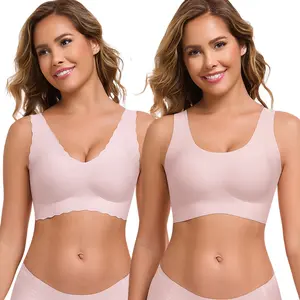 【2Pcs】Basic Seamless Bralette Deep V-Neck Wave Trimmed Bralette for Women Full Coverage Wire-Free Lightweight Stretchy Minimalist Nude Womenswear Breathable Fabric Smooth Strap Wireless Nude/Nude Soft Soft #summervibes
