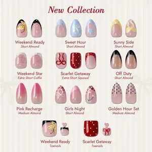 BTArtbox Press On Nails Short - Weekend Getaway, Easy-to-Apply 3D Almond Square Press On Nails with Glue and Adhesive Tabs in 15 Sizes - 30 Nails All-in-One Kit