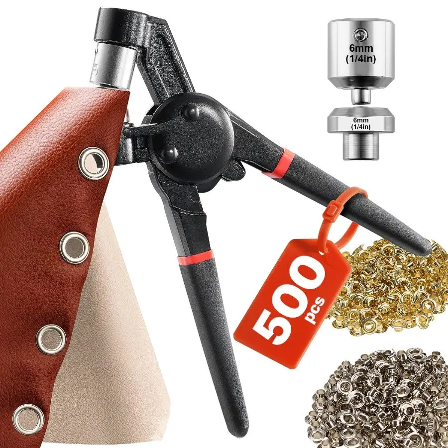 VEVOR Grommet Tool Kit with Pliers, 500 PCS 1/4 Inch Gold & Silver Metal Eyelets, Manual Grommet Press, Hole Punch & Block for Leather, Tarp, Crafts