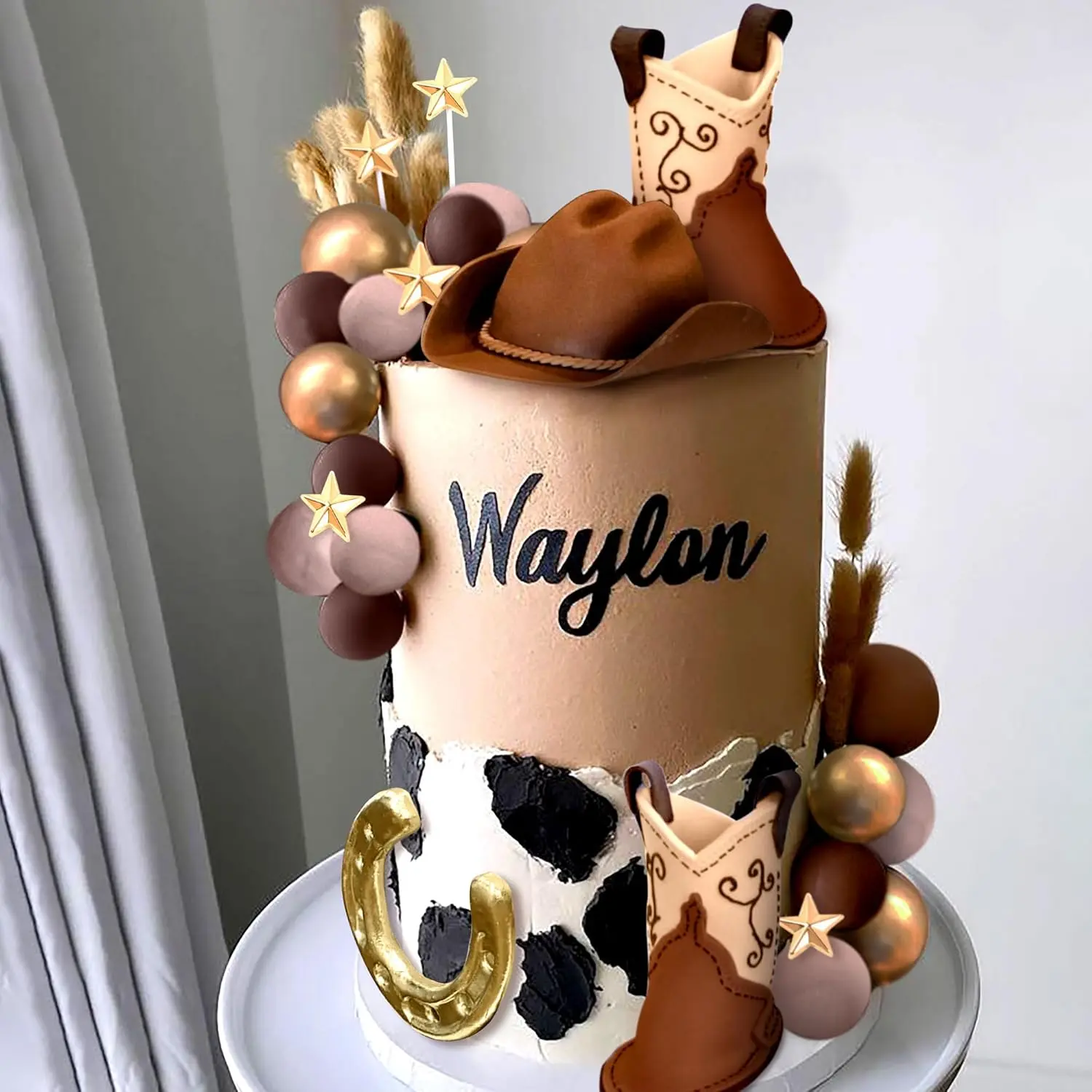 Luxury Cowboy Rodeo Cake Topper - Western Party Cake Decorations with Cowboy Hat, Palm Leaves, Cow Balls for Gender , Birthday Celebrations Cake Set
