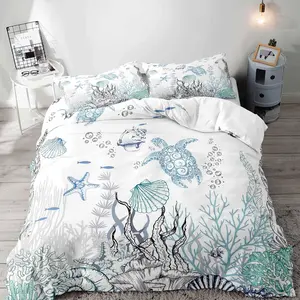 3PCS Blue Sea Turtle Duvet Cover Queen Bedding Sets, Boys Girls Kids Bedding, Starfish Coral Seaweed Seashell Conch Fish Coastal Nautical Ocean Beach White Comforter Cover, 2 Pillow Cases