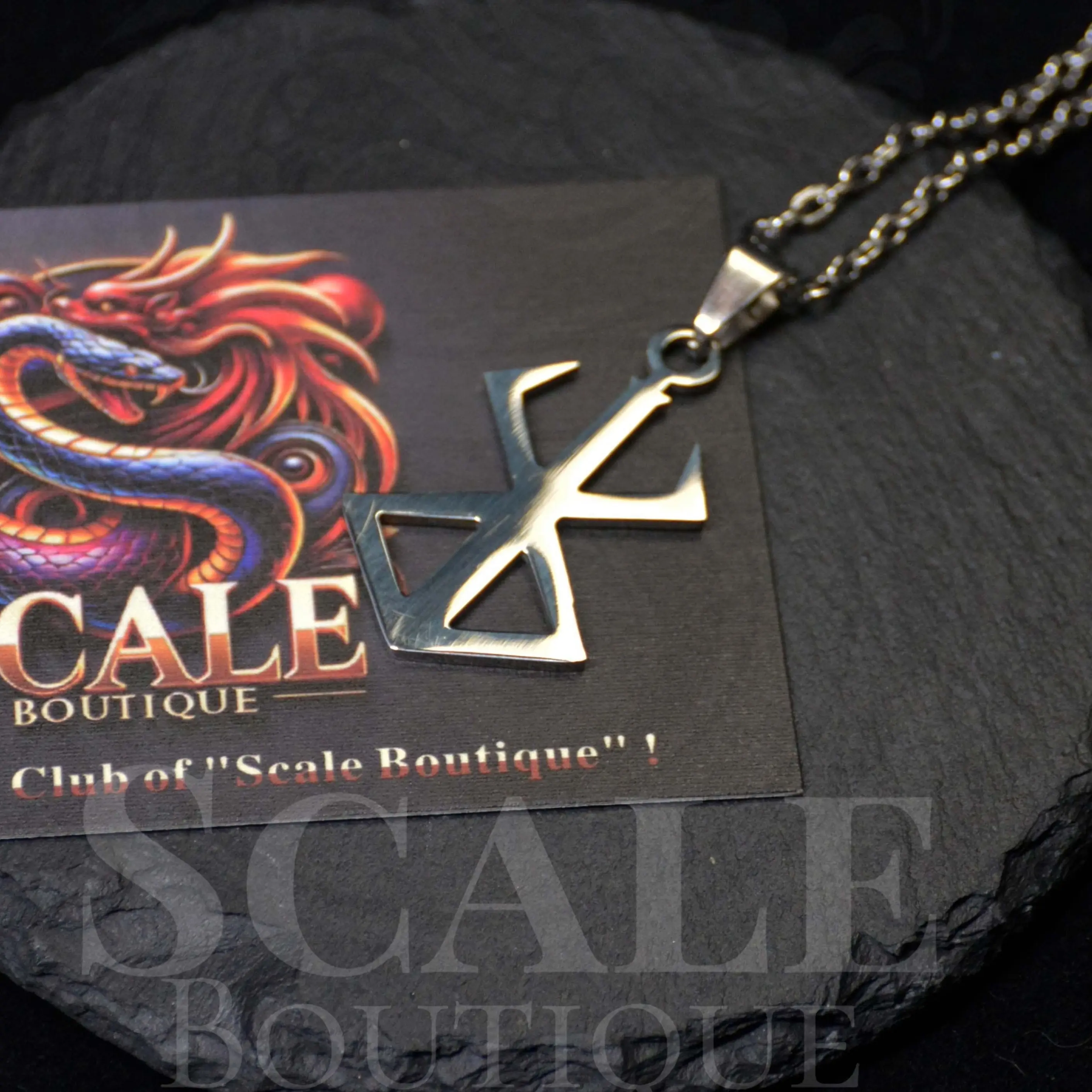 Berserk Symbol Stainless Steel Costume Jewelry Necklace - Metal Coated Pendant, Glossy Chain, Unisex, Smooth Finish Feels Gentle on Skin, Nickel-Free, Dark Aesthetic, Short, Casual Daily Wear for Anime Lovers (Scale Boutique)