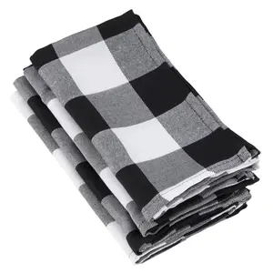 SARO  20 in. Square Buffalo Plaid Check Pattern Design Cotton Napkin - Black Set of 4