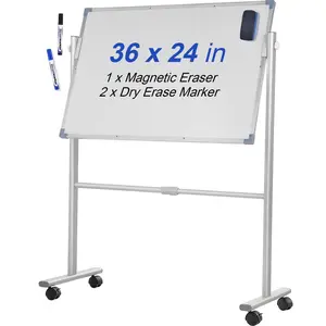 【Father's Day】VEVOR Mobile Magnetic Whiteboard, 36 x 24 Inch, Double Sided, 360 Degree Reversible Rolling Dry Erase Board, Height Adjustable with Aluminum Frame and Lockable Swivel Wheels, for Office School Home