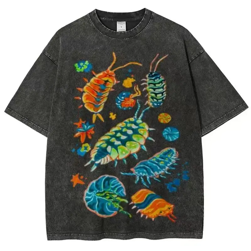 Vintage Graphic T-Shirt for Women, Whimsical Psychedelic Isopod Design, Soft Washed Cotton Casual Shortsleeve Top, Vintage Graphic Tees, Washed Cotton Tee-Black, Casual Wear