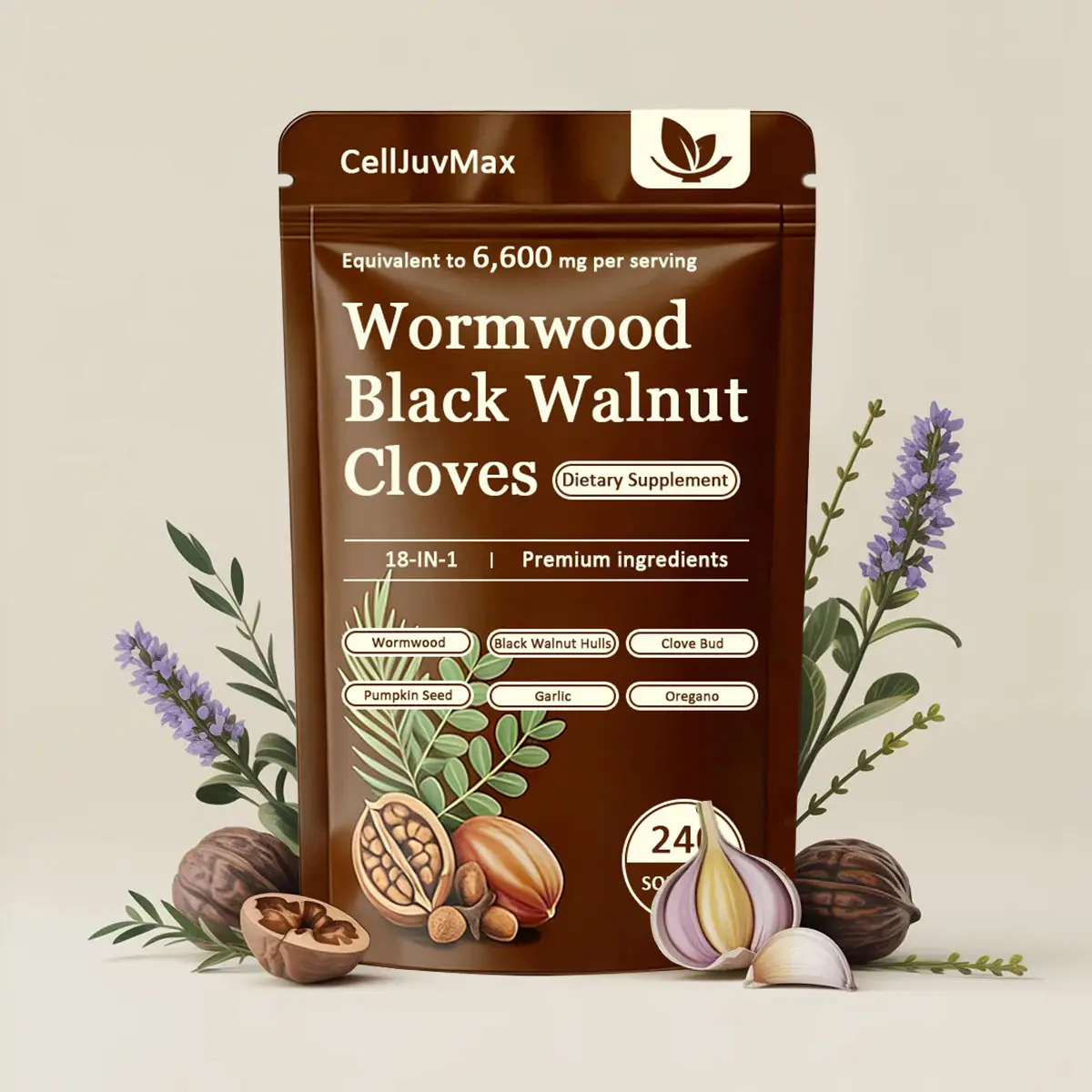 CellJuvMax Naturally Derived Plant-Based Dietary Supplement Capsules - 3000mg Black Walnut Powder, Wormwood, Clove, Garlic, Pumpkin Seeds & Botanical Extracts - Boosting Metabolism, Energy - Daily Nutrition Support for Adults - 240 Caps (80 Days Supply),