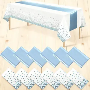 Elegant Disposable Tablecloth Set with Satin Table Runner White and Light Blue Dot Design for Wedding Birthday Baby Shower Engagement Christmas Party Supplies