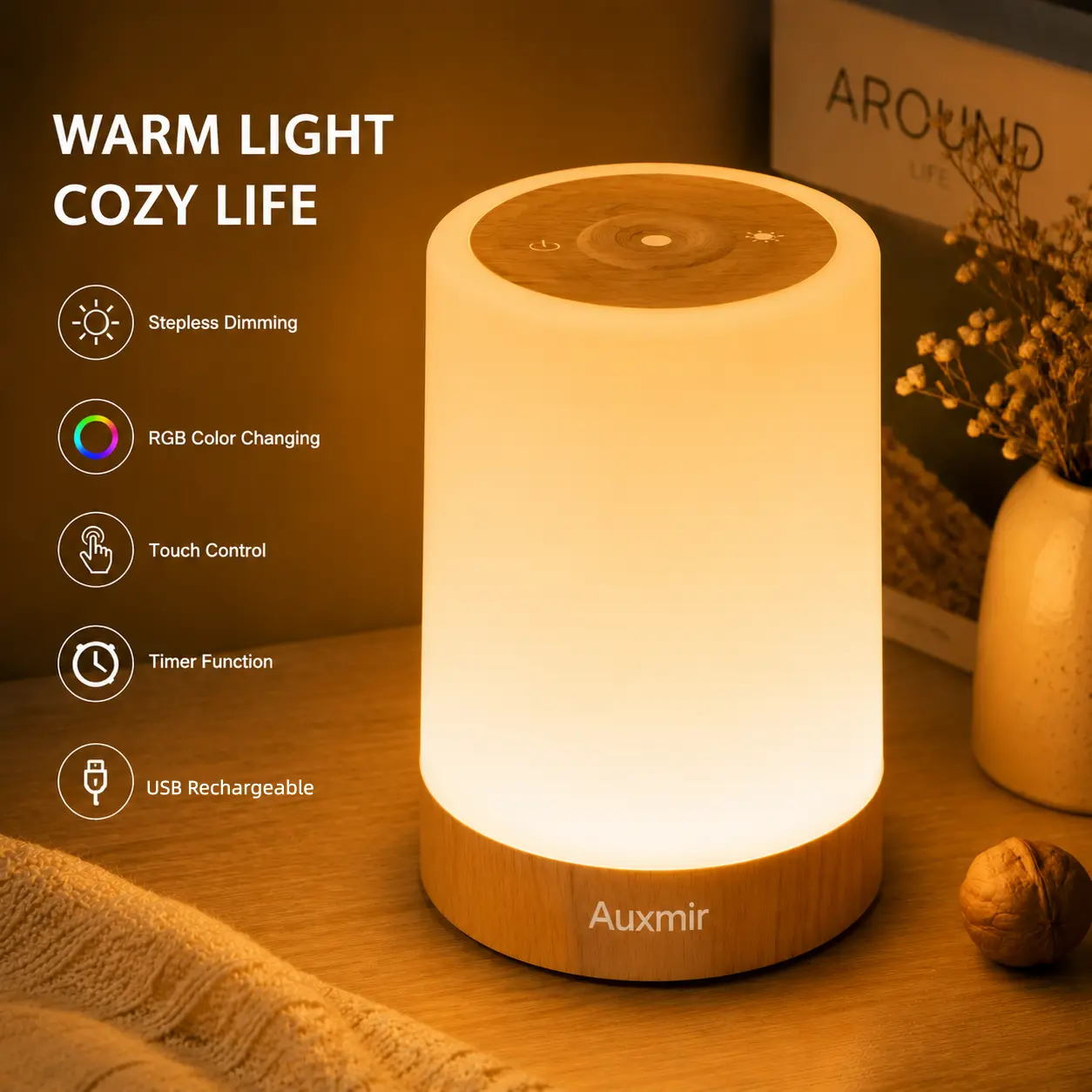 Auxmir Mood Night Light, Touch Control Dimmable Bedside Lamp, 11 RGB Colors & 5 Brightness Settings, Rechargeable Portable Lamp for Date Vibe, Home Decor & Party Decoration