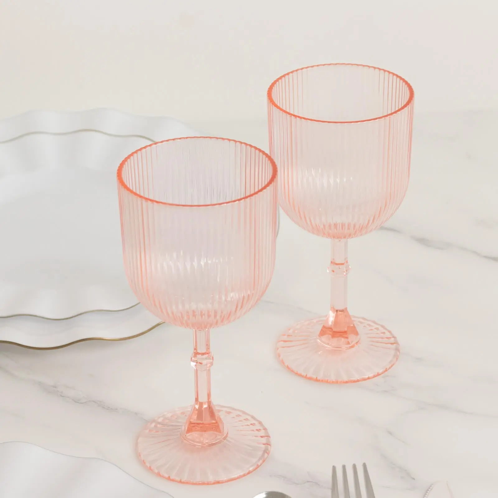 12-Pack Vintage Ribbed Blush Pink Transparent Plastic Goblets - 9oz Reusable Shatterproof Glassware Drinkware for Birthday, Party, Wedding