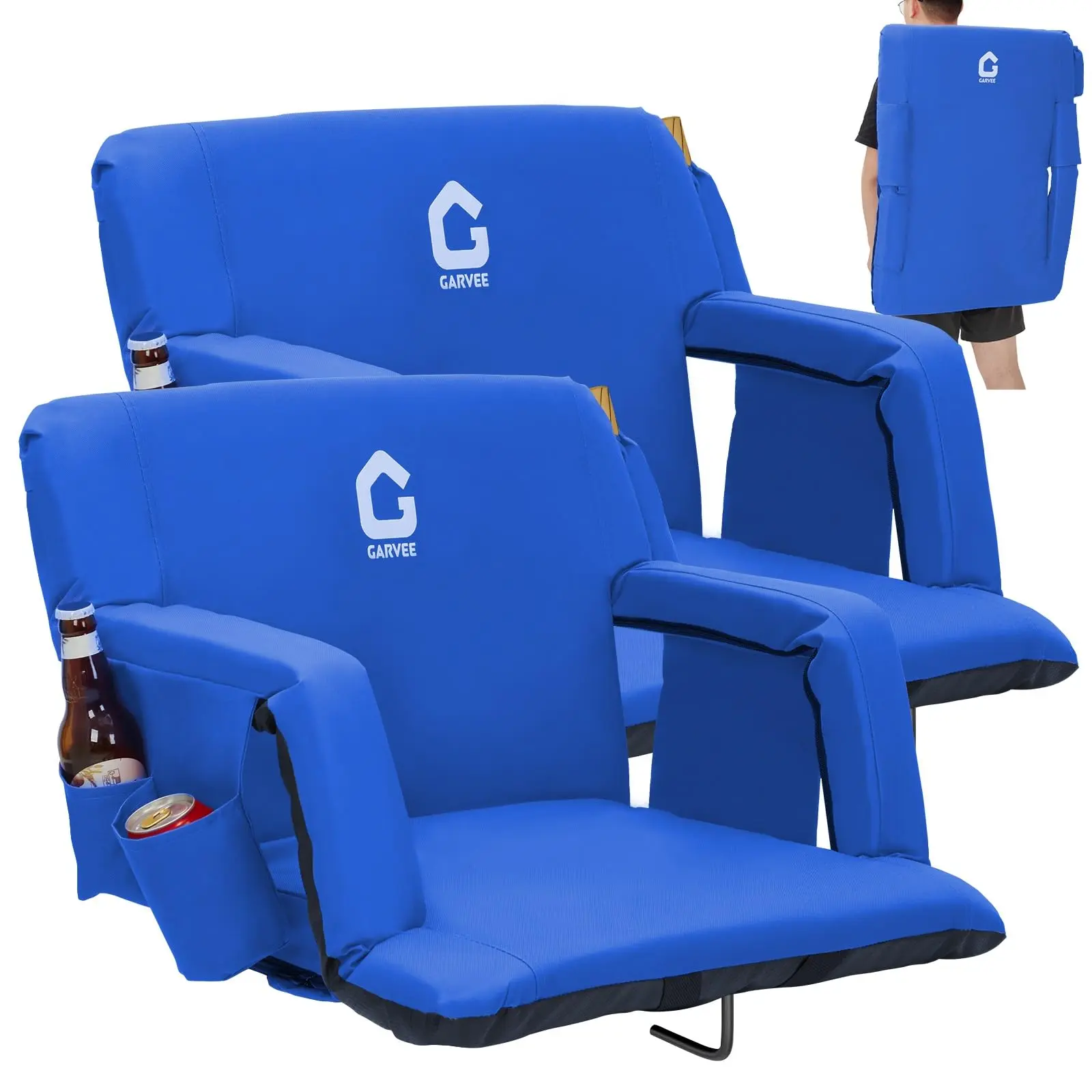20.5in Extra Wide Stadium Seat with Back Support & Padded Cushion - Reclining Bleacher Chair with 6 Adjustable Angles, Anti-Slip Mat, with Cup Holders,Blue