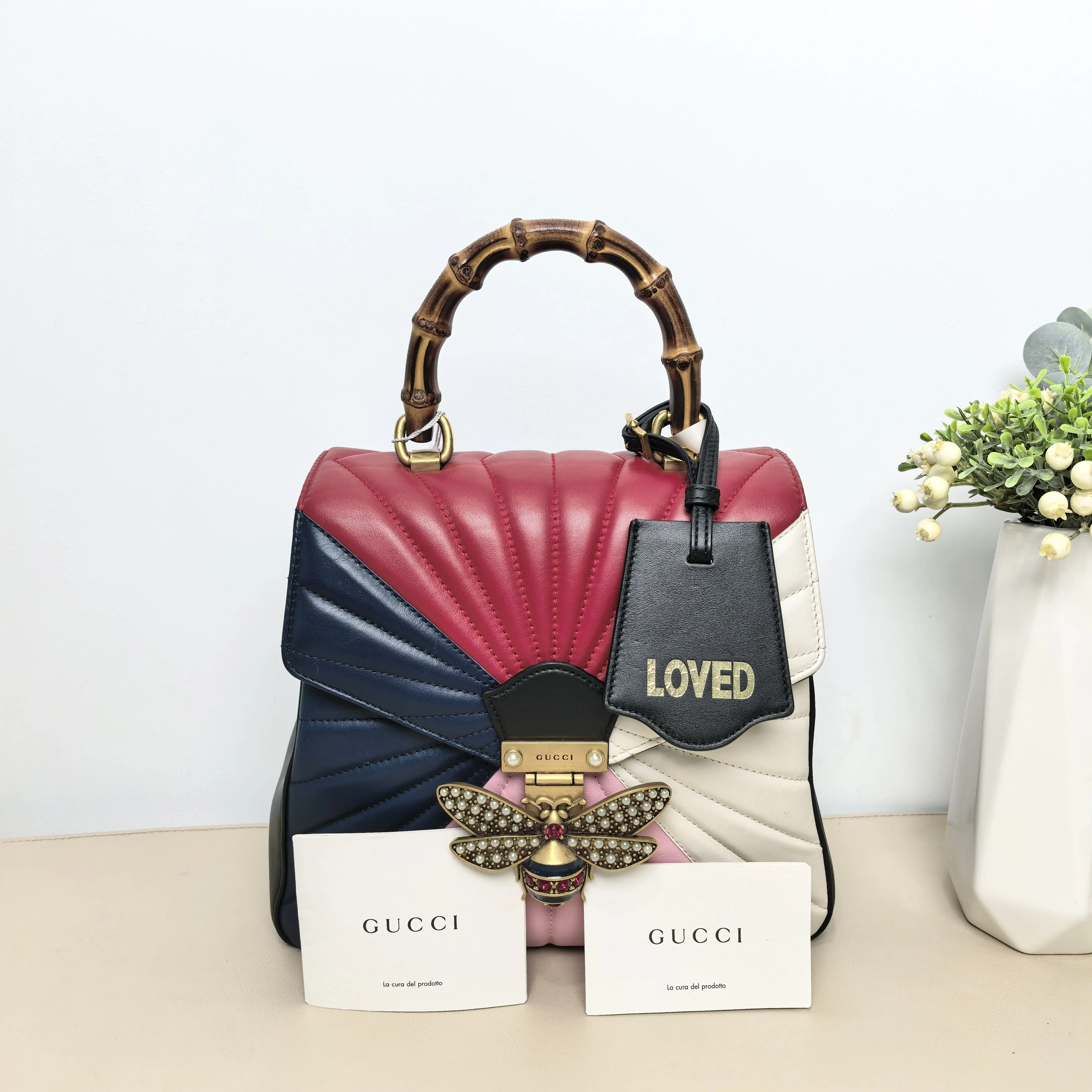 Pre-owned GUCCI Calfskin Backpacks Queen Margaret Color Block Quilted Bamboo Top Handle Backpack B8062202