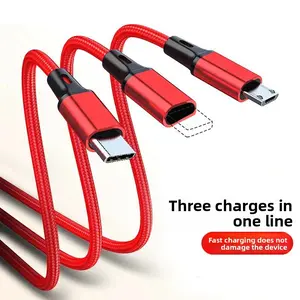 Factory In-Stock Braided 3-in-1 3A Fast Charging Data Cable Compatible with Apple Lightning Cable Android Type-C One-to-Three Charging Cable