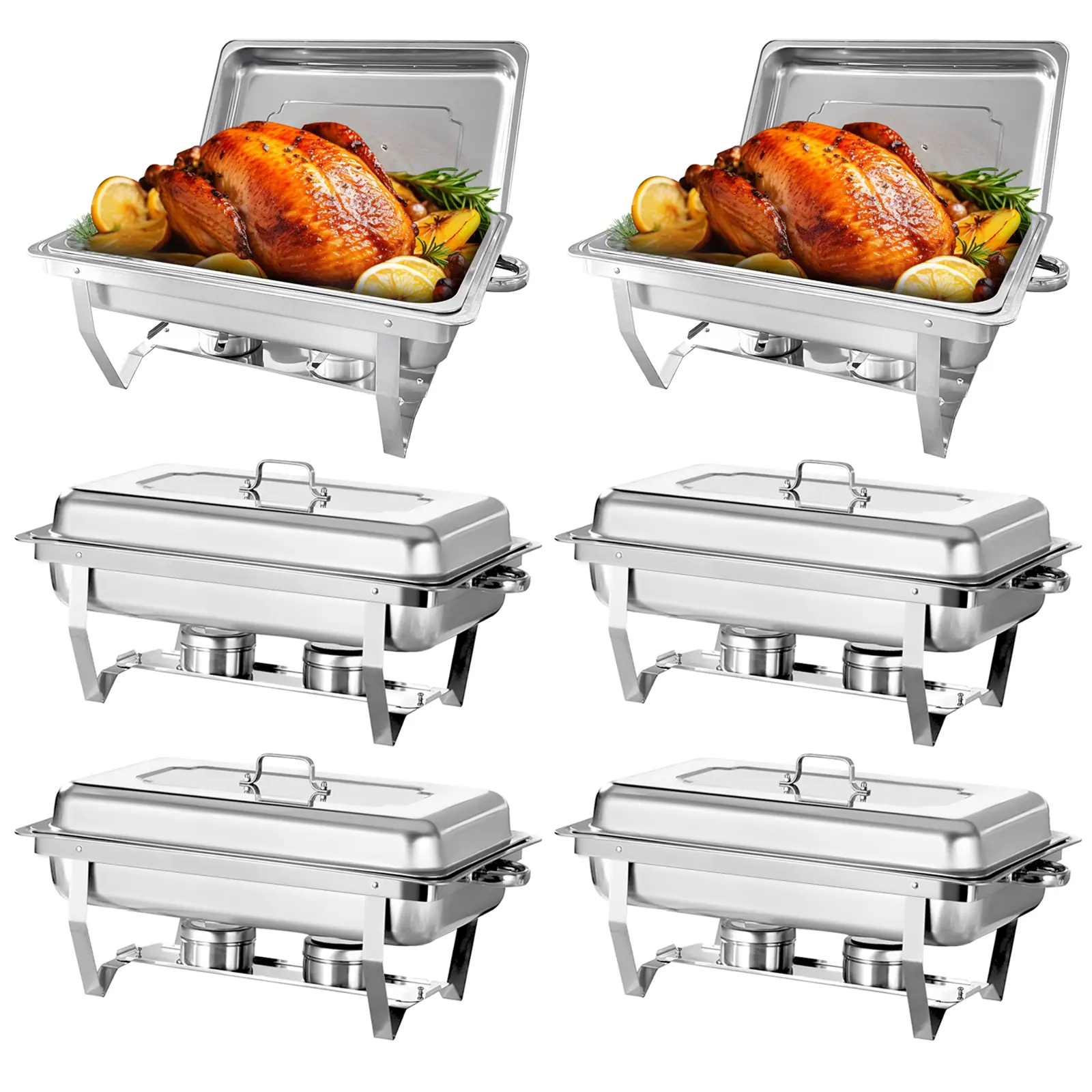 6 Pack 8QT Full Size Chafing Dish Buffet Set, Stainless Steel Food Warmer Kit with Lids, Food Pans, Water Pan and Fuel Holders for Restaurant Catering Parties Weddings