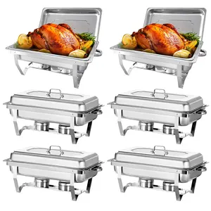 6 Pack 8QT Full Size Chafing Dish Buffet Set, Stainless Steel Food Warmer Kit with Lids, Food Pans, Water Pan and Fuel Holders for Restaurant Catering Parties Weddings