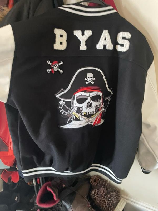 BYAS Collar Design Featuring Pirate Cap and Skull Graphic on Black Jacket