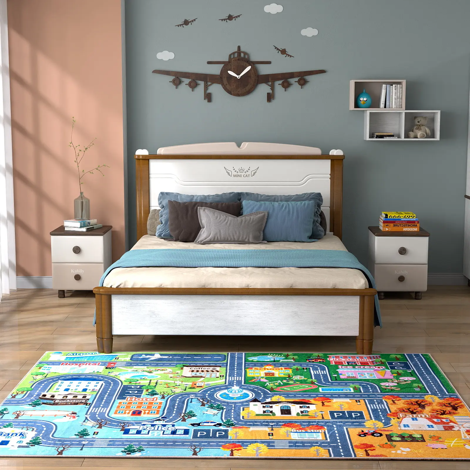 【Back to School】MUGORN Kids Rug for Playroom Classroom, city race track style carpet, ABC alphabet and numbers learning carpet, educational bedroom mat, washable carpet for boys' room, suitable for preschool and nursery, Modern, Alphabet Learning, Indoor