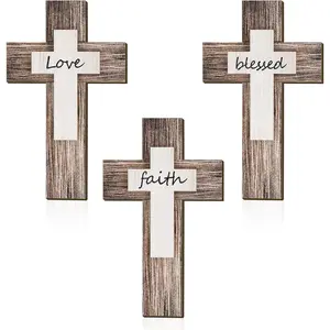 3 Wooden Cross Wall Decor Christians Cross Sign Faith Love Blessed Wooden Decoration Rustic  Wall Art Religious Hanging Sign Inspirational Farmhouse Home Hanging Decor