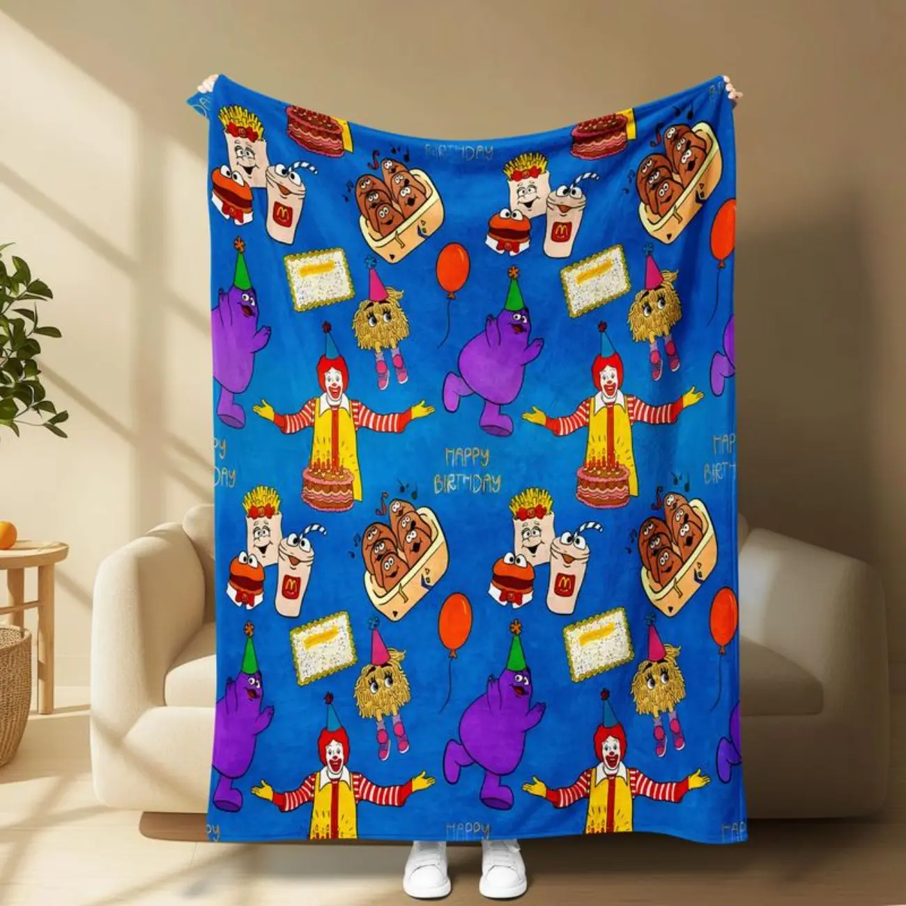 2025 New McDonald’s Birthday Party Themed Flannel Throw Blanket - Soft Fleece, Skin-Friendly, Warm, Features Ronald & Cakes, Ideal for Sofa, Bed, Gift Choice, Soft Fleece Blanket