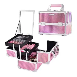 Joligrace Makeup Train Case Cosmetic Box 2 Trays Makeup Case Storage with Mirror Travel Makeup Box for Cosmetologist Aesthetic Supplies Nail Tech
