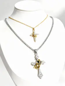 Christmas Gift 2PCS  Couple Necklaces Set: Women's Gold Cross Pendant Necklace & Men's Cross with Crown Pendant Necklace  elegant fashion accessory Gothic Retro Flame Cross Necklace free shipping only2026