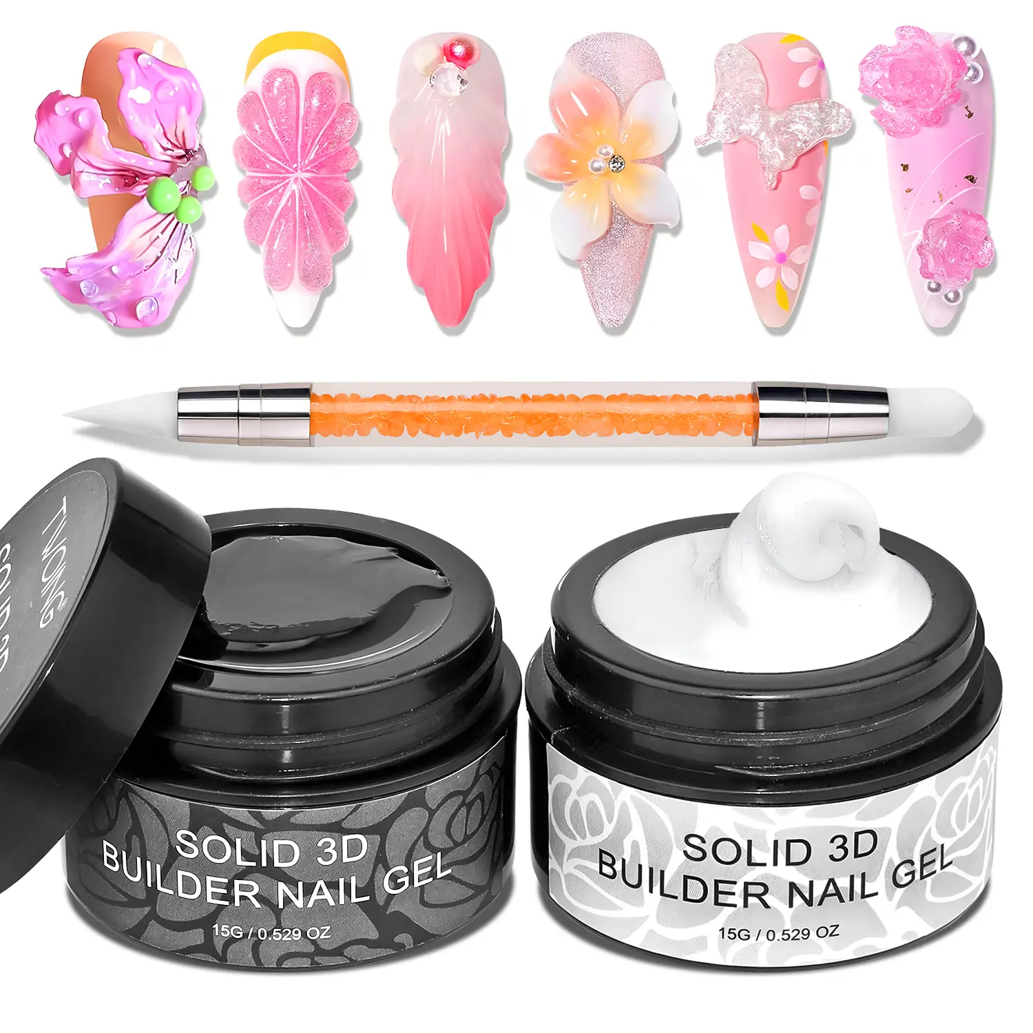 TWOING Solid 3D Builder Nail Gel, Non-Sticky Hard Gel for Nail Sculpture, Nail Extension and 3D Carving, Use with UV/LED Lamp, Clear or White, Salon & Home Nail Art Designs Use