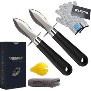 Oyster Knife Shucker Set with Cut Resistant Level 5 Protection Gloves Oyster Shucking Seafood Opener Kit Tools Gift (2 Knives+2 Gloves+1 Cloth)