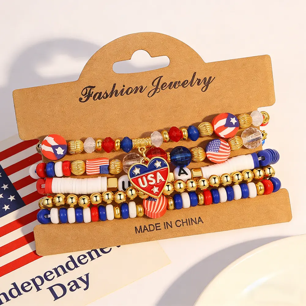 Women's 5PCS Patriotic Beaded Stretch Bracelet Set - Red White Blue Heart Charm Bangles, American Flag Arm Candy Accessories for Independence Day, Everyday Wear, Blue Beaded Bracelets & Bangles