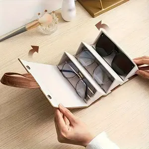 Fashion glasses case durable leather-like portable folding glasses case | Large-capacity multi-layer glasses storage box with snap closure design black and white design unisex fashion glasses storage Glasses Holder