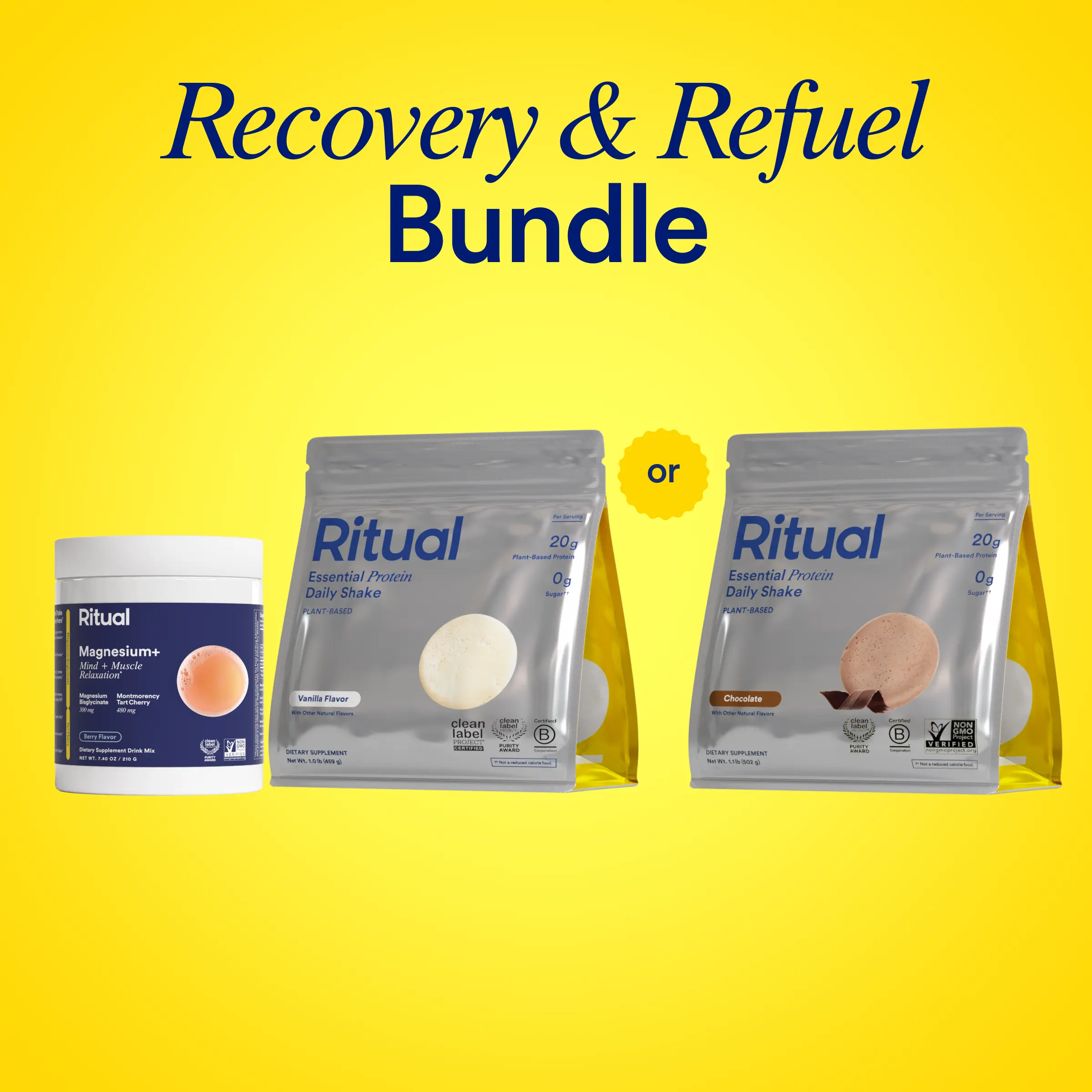 Ritual's Recovery and Refuel Duo | Magnesium+ Drink Mix Supplement and Essential Protein Daily Shake 18+ Vegan Protein Powder 20g (Chocolate OR Vanilla) Edible Dietary
