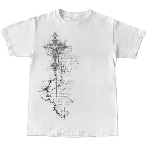 Men's Oversized Cotton Gothic Scripture Cross Print Shirt - Dark Academia Crucifix Scroll Design, Vintage Fashion 90s Grunge Emo Top, Goth Clothes Alt Style Opium Streetwear with Shadows, Mystical Religious Male Clothing