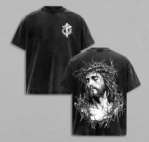 Menswear Casual Round Neck Distressed Festive Valentine Oversized Christian Graphic Tee - Jesus Crown of Thorns Washed T-Shirt
