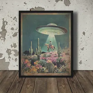 UFO COWBOY Fine Art, WESTERN Americana Poster No Frame, Retro Sci-fi Home Decor, Flying Saucer Alien Wall Art, Horse Desert Flowers Floral Gift