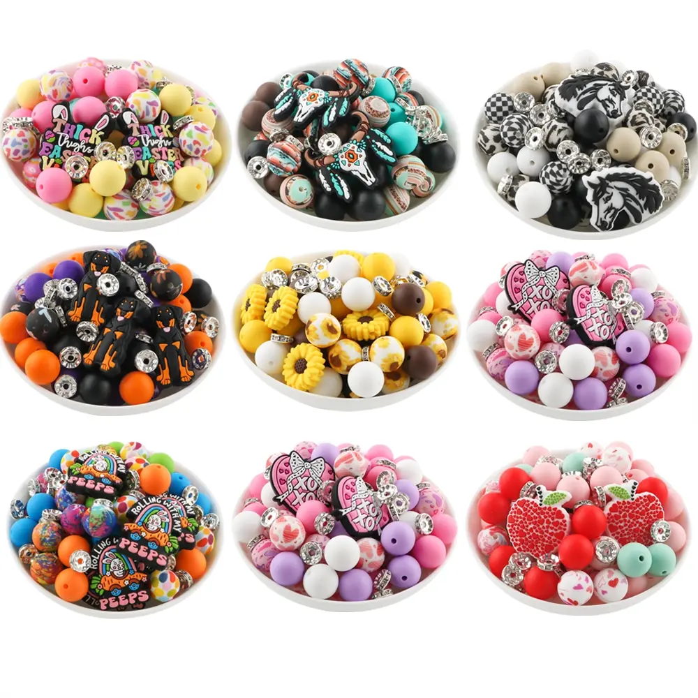 50pcs/bag Silicone Bead Assortment Set Includes Silicone Focal Beads, Printed Round Beads, Solid-Color Round Beads, Beads For Bracelets, Suitable for Keychain Pendants and DIY Handmade Bracelet Accessories