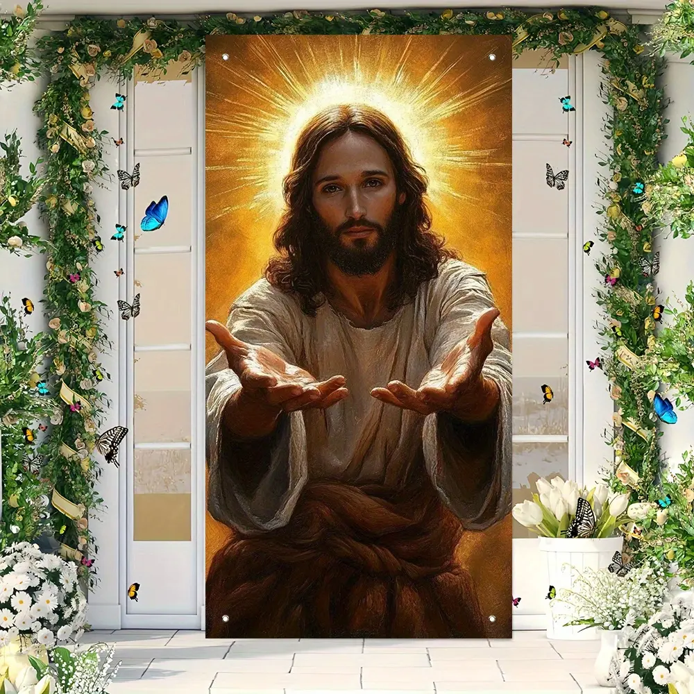2D Flat Hanging Banner 1pc Easter Door Curtain Background, Party Background Decoration, Backdrop Decoration, Jesus Sacred Light Design Religious Decoration, Easy to Hang, Outdoor Compatible
